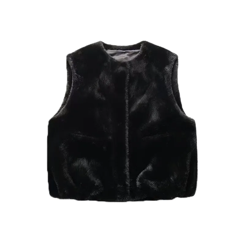 New Faux Mink Fur Women's Short Round Neck Loose Sleeveless Vest Autumn Winter Warm Coat 5