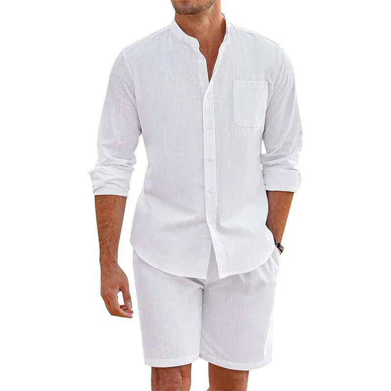 Daily Casual Breathable Cotton Linen Outfits Mens Vintage Stand Collar Button-up Shirts And Shorts Sets For Men Clothing Summer