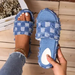 Women Denim Slides Summer Beach Sandals Women Retro Slip on Wedges Platform Casual Open Toe Flat Sandals Jeans Canvas Slides