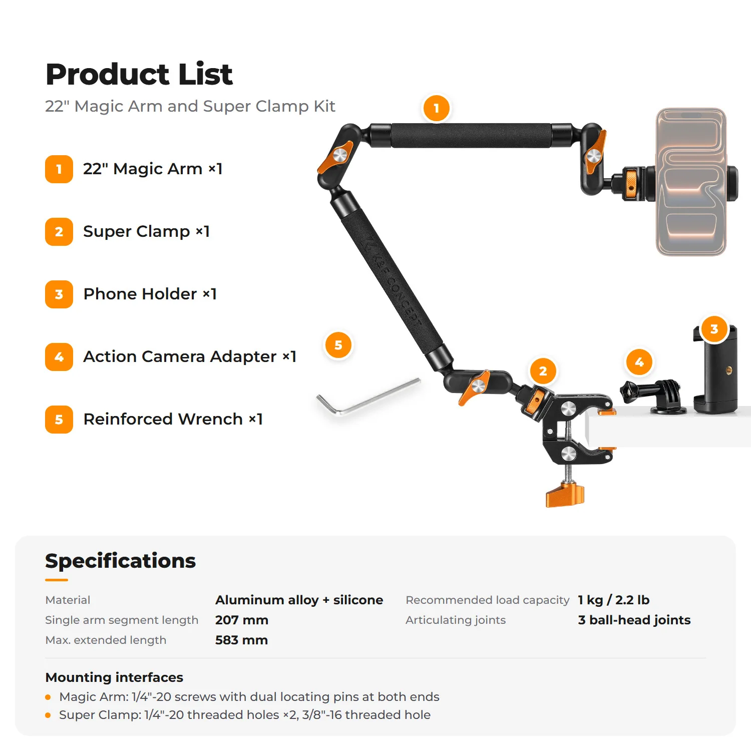 K&F CONCEPT Magic Arm Klemset 22" Bovenste Bureau Camera Bevestiging Lange Gearticuleerde Wrijvingsarm voor LED-lamp Actiecamera