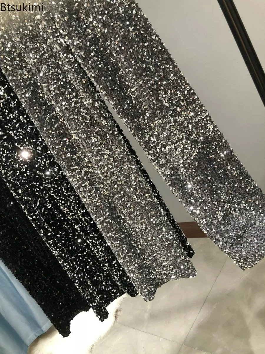 2025 Pantaloni da donna con paillettes nere argento caldo ispessimento Pantaloni glitter autunno inverno Pantaloni scintillanti Pantaloni da clubwear per feste Donna