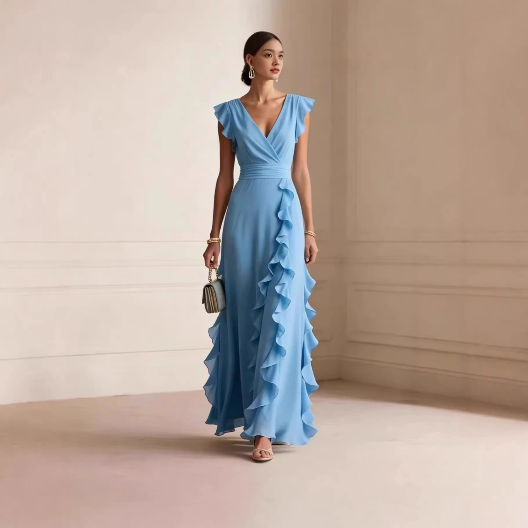 Elegant Pleated Chiffon Dress with V Neck Sleeveless High Waist Irregular Hem for Wedding Guest Summer Party Wedding Party