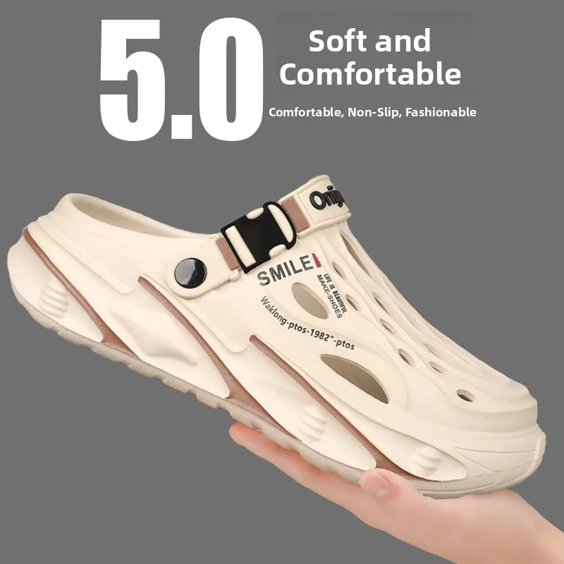Men's Summer Outdoor Sports Beach Sandals Anti-Slip Deodorant Head Cover Slippers Breathable EVA Low Heel Thick Bottom