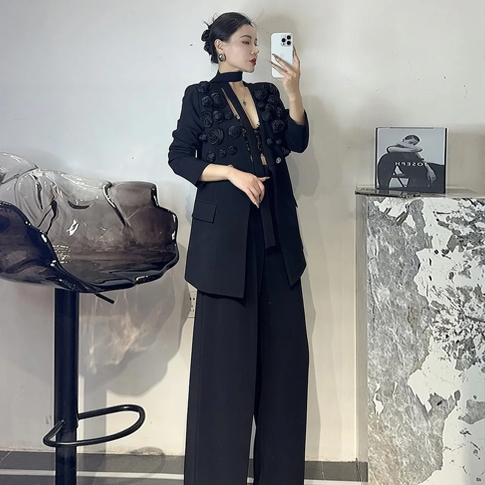 TWOTWINSTYLE Solid Two Piece Set For Women Lapel Long Sleeve Spliced Appliques Coat High Waist Wide Leg Pant Chic Sets Female
