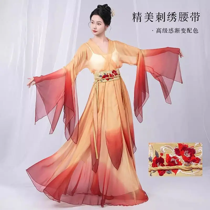 

Классический танец, новый стиль, танцевальный струящийся марлевый китайский комплект, градиент, супер фея, древний стиль, тренировочный костюм феи для выступлений