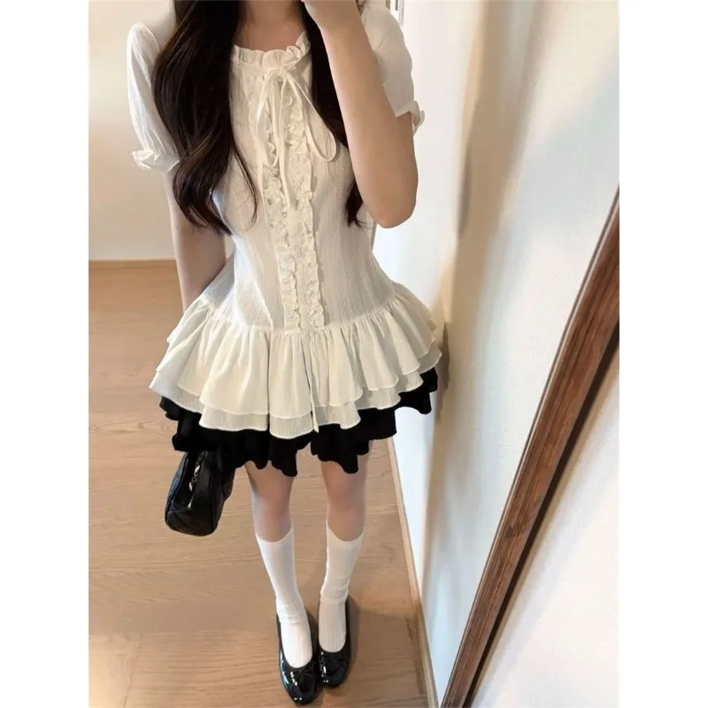 

2026 Harajuku New Sweet Style 2-Piece Set Y2k Short Sleeve Top + Cake Skirt Set Women Retro Bow Ruffle Patchwork Clothes 2026