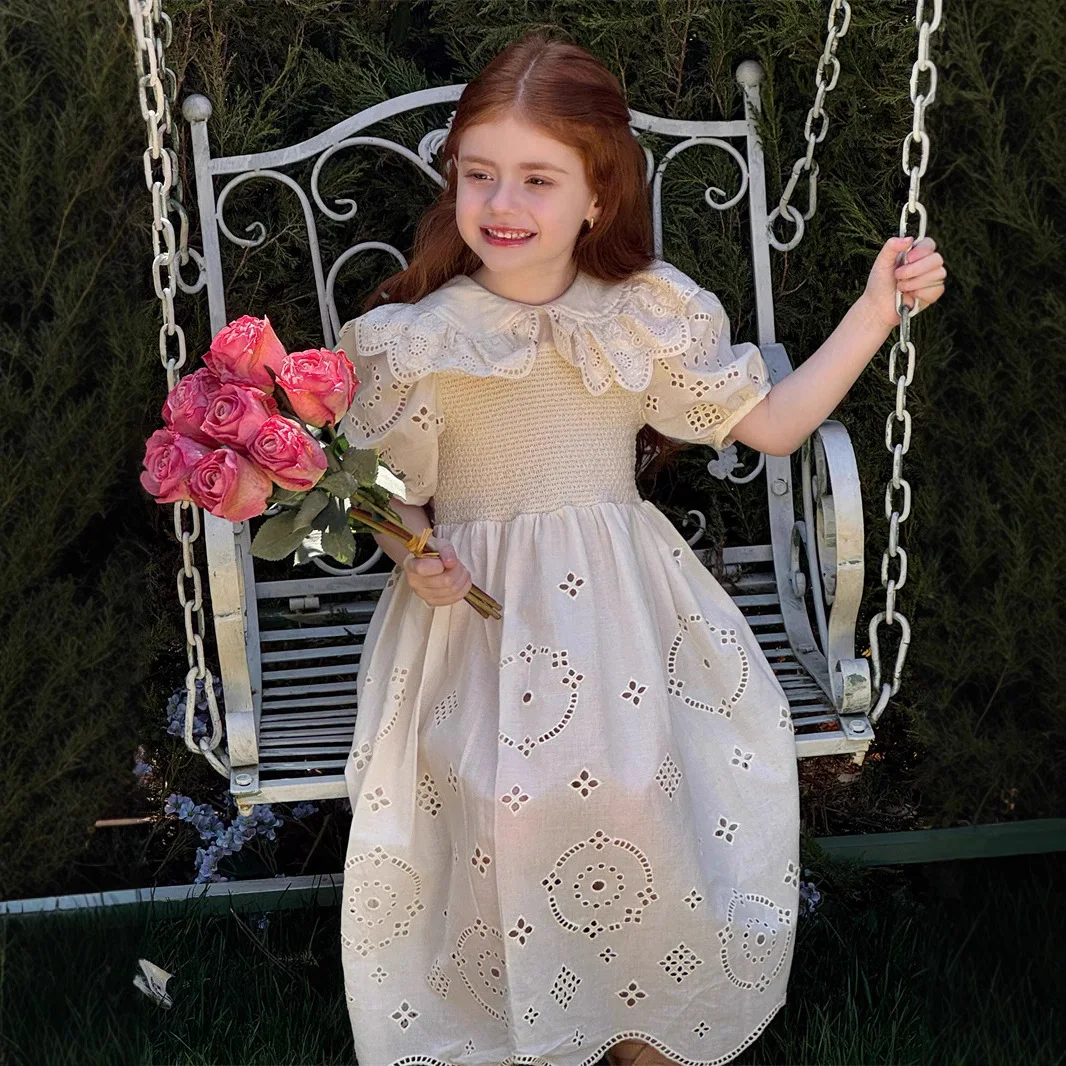 

Платье в стиле ретро с воротником в виде листьев лотоса для девочек, платье принцессы, новинка лета 2021, платье с вышивкой для девочек