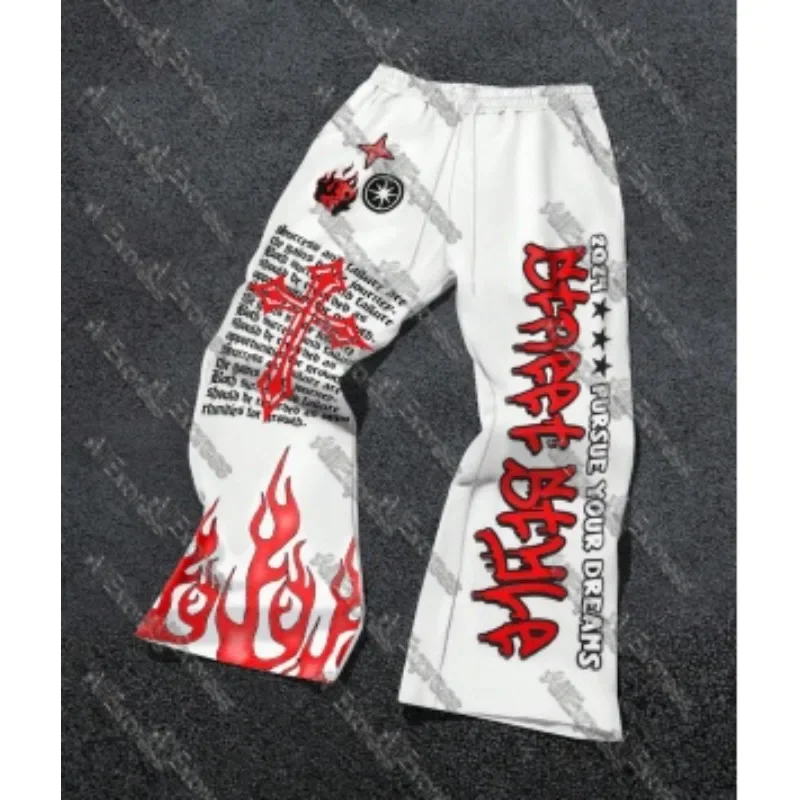2025 الصيف شارع العليا موضة سراويل تقليدية فضفاضة الرجال Y2k أنيمي رسالة مطبوعة عالية الخصر المتضخم بنطال ذو قصة أرجل واسعة النساء #4