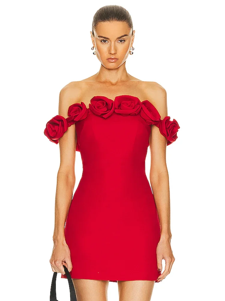 

Women'S Elegant Dresses Off Shoulder Patchwork 3D Rose Flower Beautiful Sleeveless High Waist Red Bandage Mini Dress