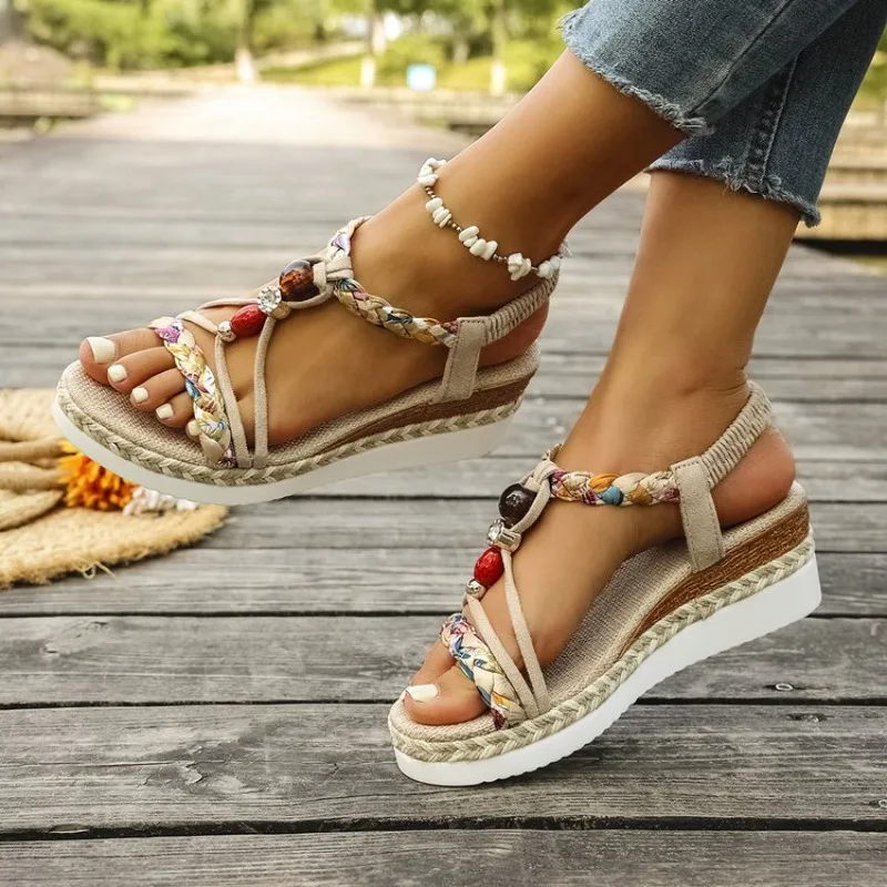 Modische T-Riemen-Plateau-Sandalen für Damen, neue Mischfarben, elastisches Band, Keilsandalen, Damen-Sommer-Sandalen mit offenem Zehenbereich, Sandalias für Frauen – Detail 4