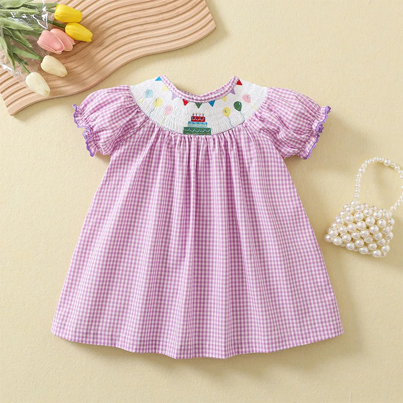 2024 Handmade Embroidery Summer Dress for Baby Girls Kids Smocked A-line Plaid Dresses Children Casual Loose One-piece Outfits