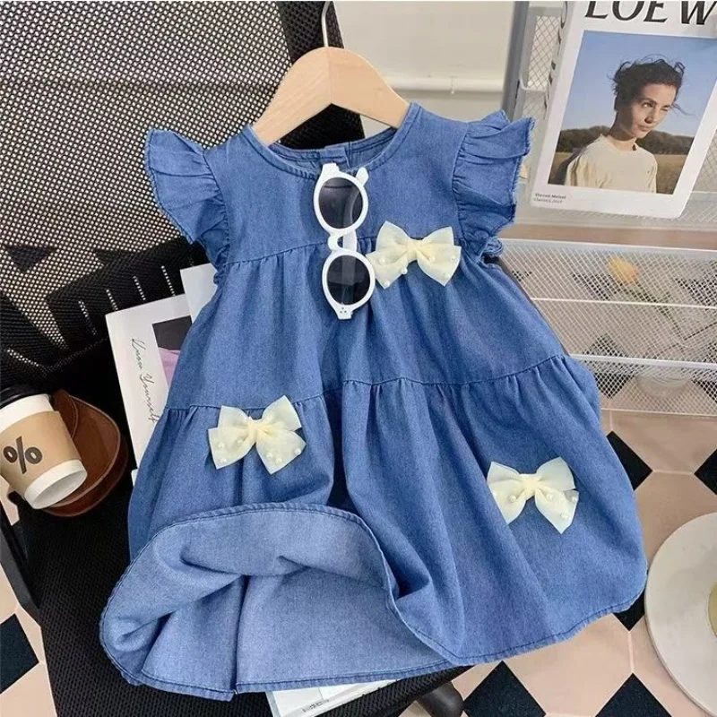 Girls' Denim Dress 2025 Summer New Item Baby Short Sleeved Bow Denim Skirt Children's Loose Casual Princess Skirt 1-5Y