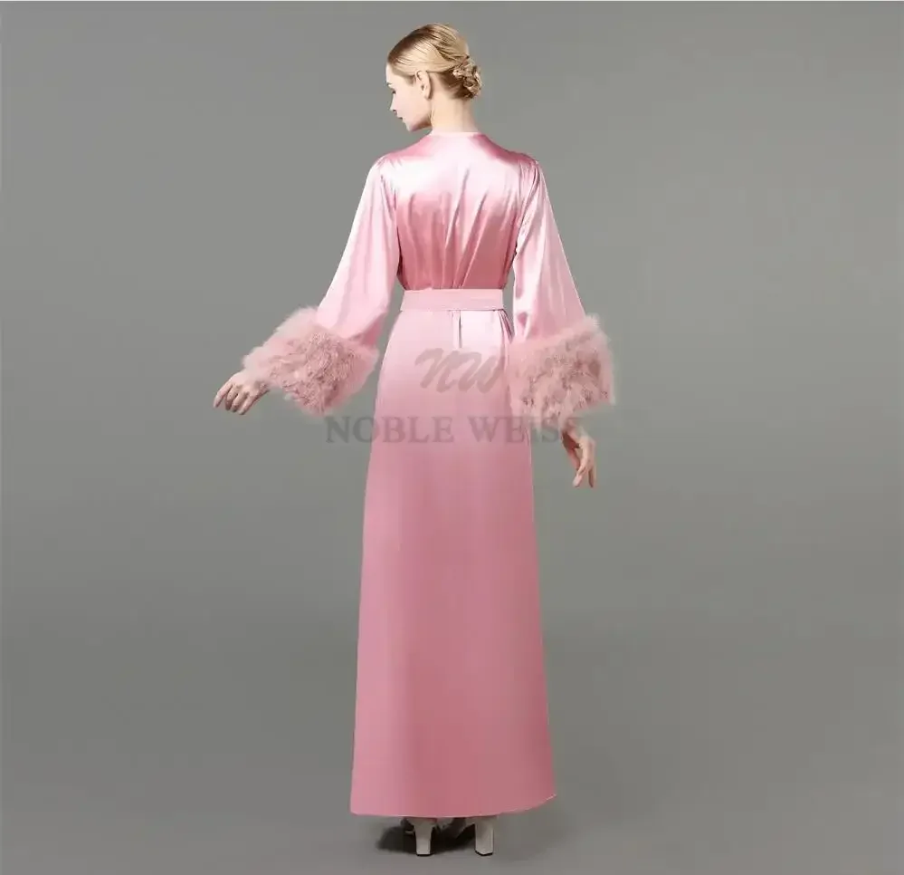 Party Robe Maternity Prom Dresses Long Sleeves Fur Evening Gowns Kimono Pregnant Party Sleepwear Women Bathrobe Sheer Nightgown