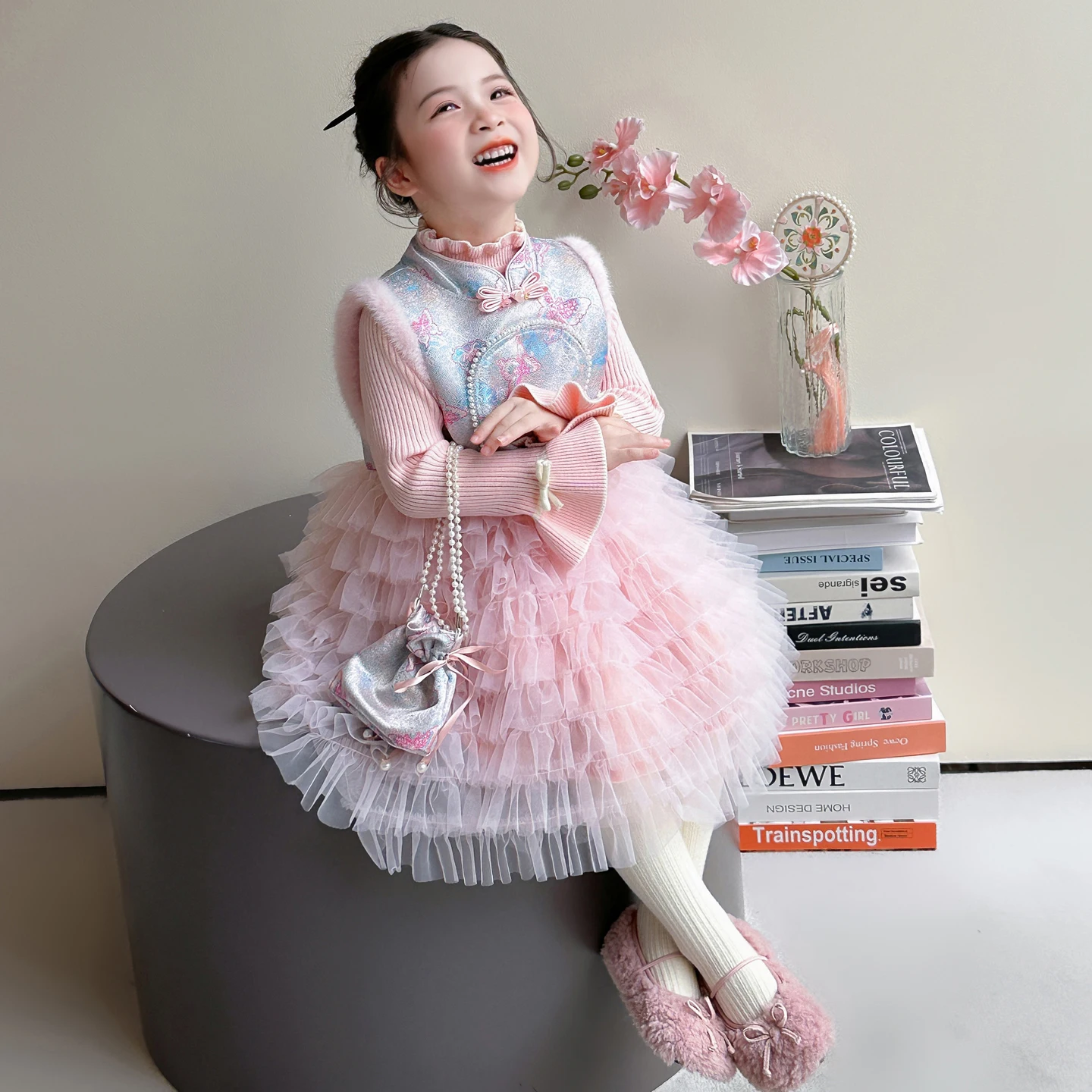 Girls Cheongsam Winter New Year Thickening Kids Hanfu Sets Baby Traditional Chinese Sping Festival Sweater+Vest Dress With Bag