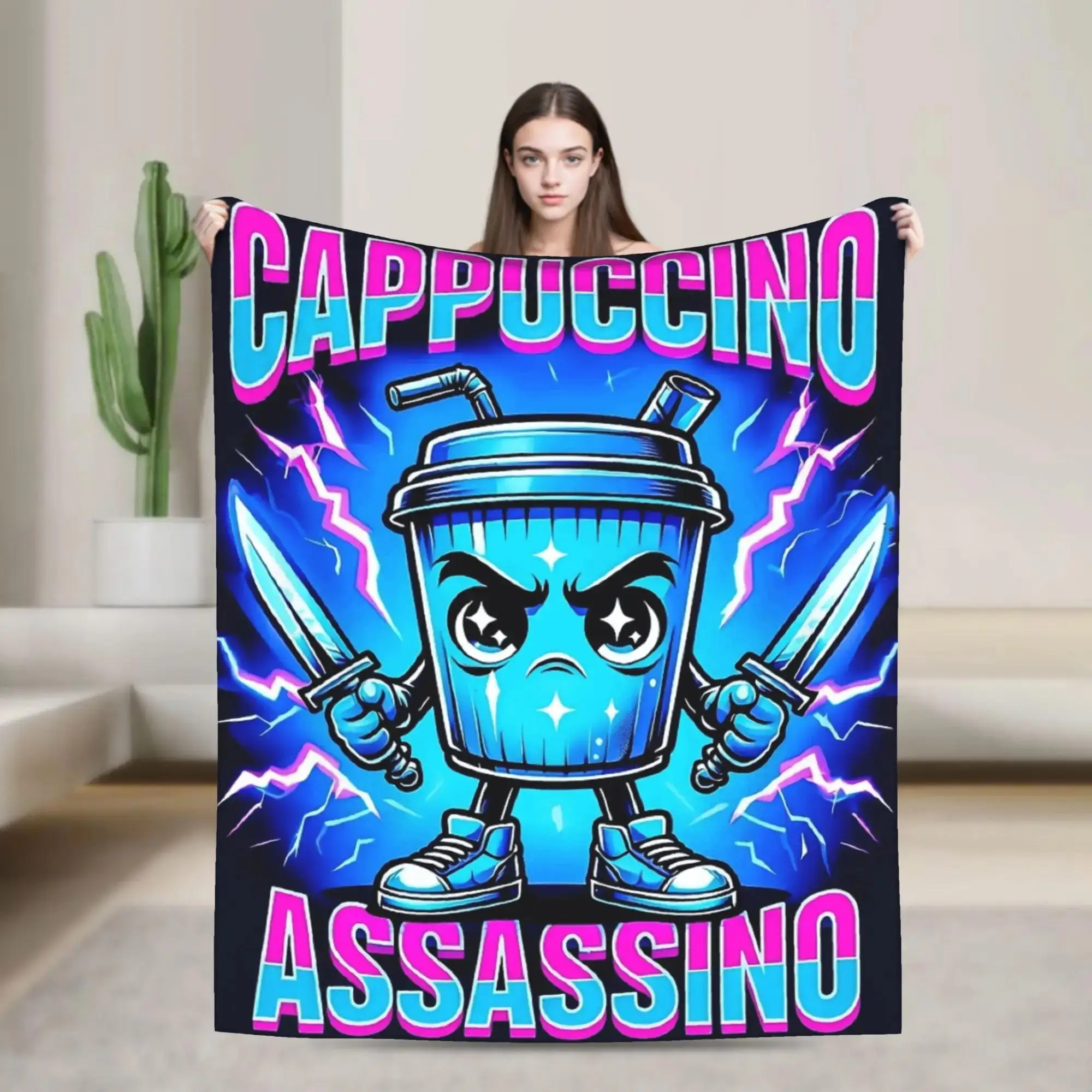 

Плюшевый фланелевый плед с крутым дизайном Italian Brainrot Cappuccino Assassino для гостиной, мягкое покрывало для мальчиков и девочек