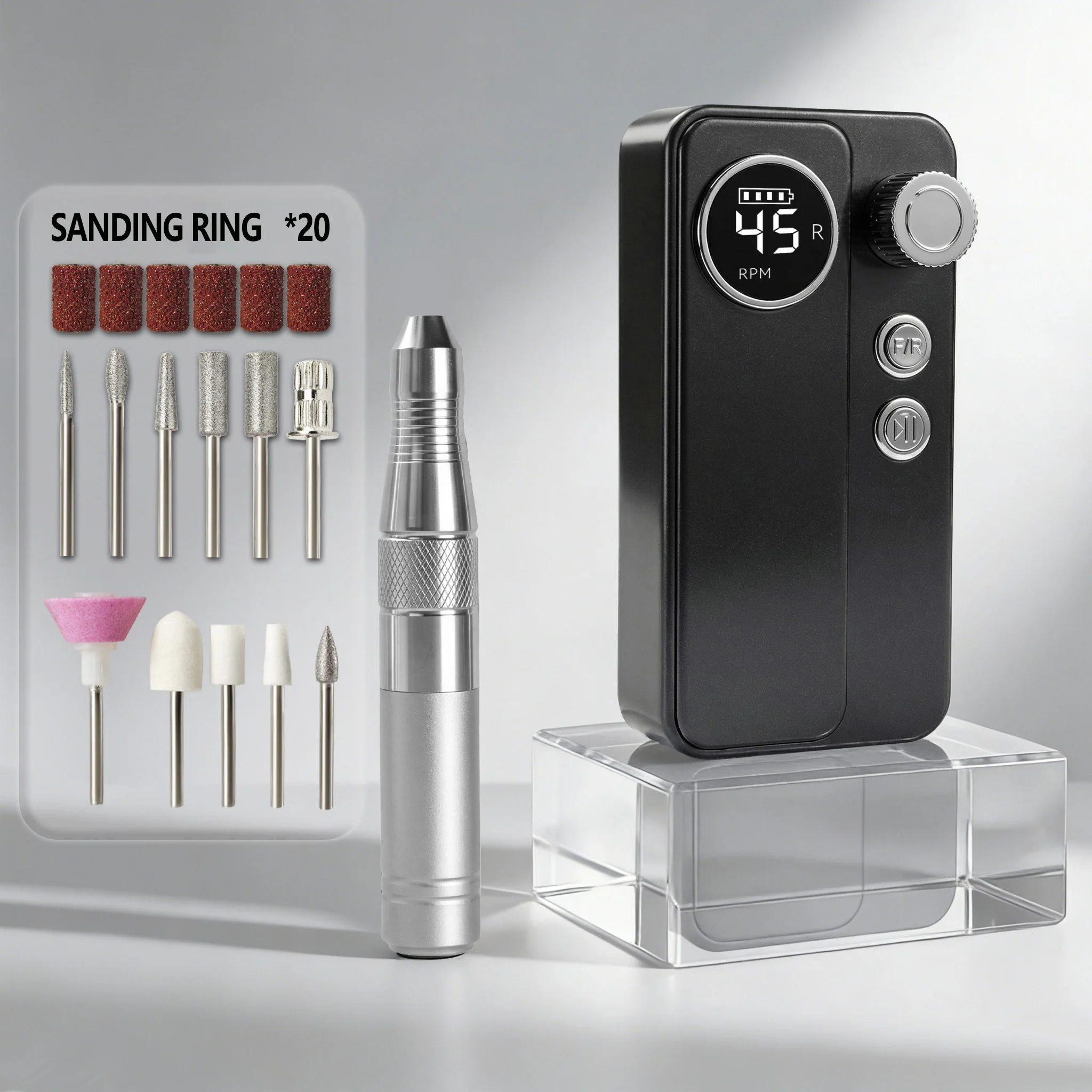 Multifunctional Electric Nail Drill Set, High Power, Forward & Reverse Rotation with Smart Digital Display, Fits Gel & Acrylic Nails, Comes with 11 Drill Bits & 20 Sanding Bands, Rechargeable Portable Manicure Pedicure Tool for Nail Care
