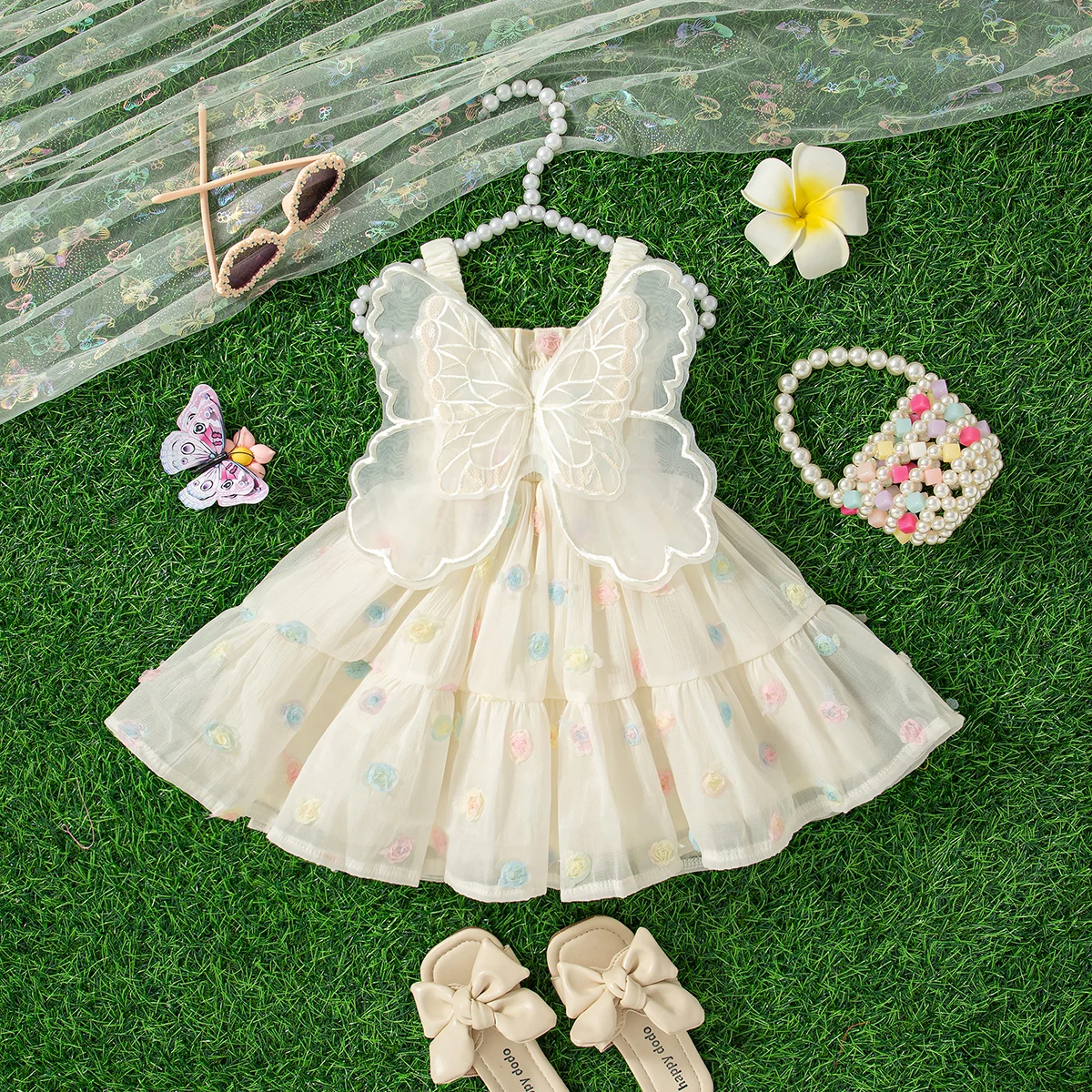 

Baby Girl Clothing Summer Butterfly Wings Floral Pattern Halter Mesh Puffy Baby Dresses Cute Casual Baby Girl Dress