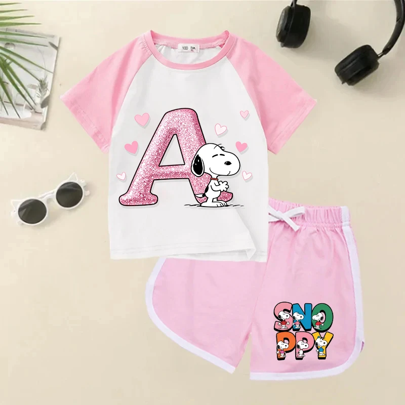 Snoopys Raglan Sleeve Short Sleeves Shorts Suit Children T-shirt Set Boy Girl Cartoon Letter Print Sportswear Set Kids Tees Gift