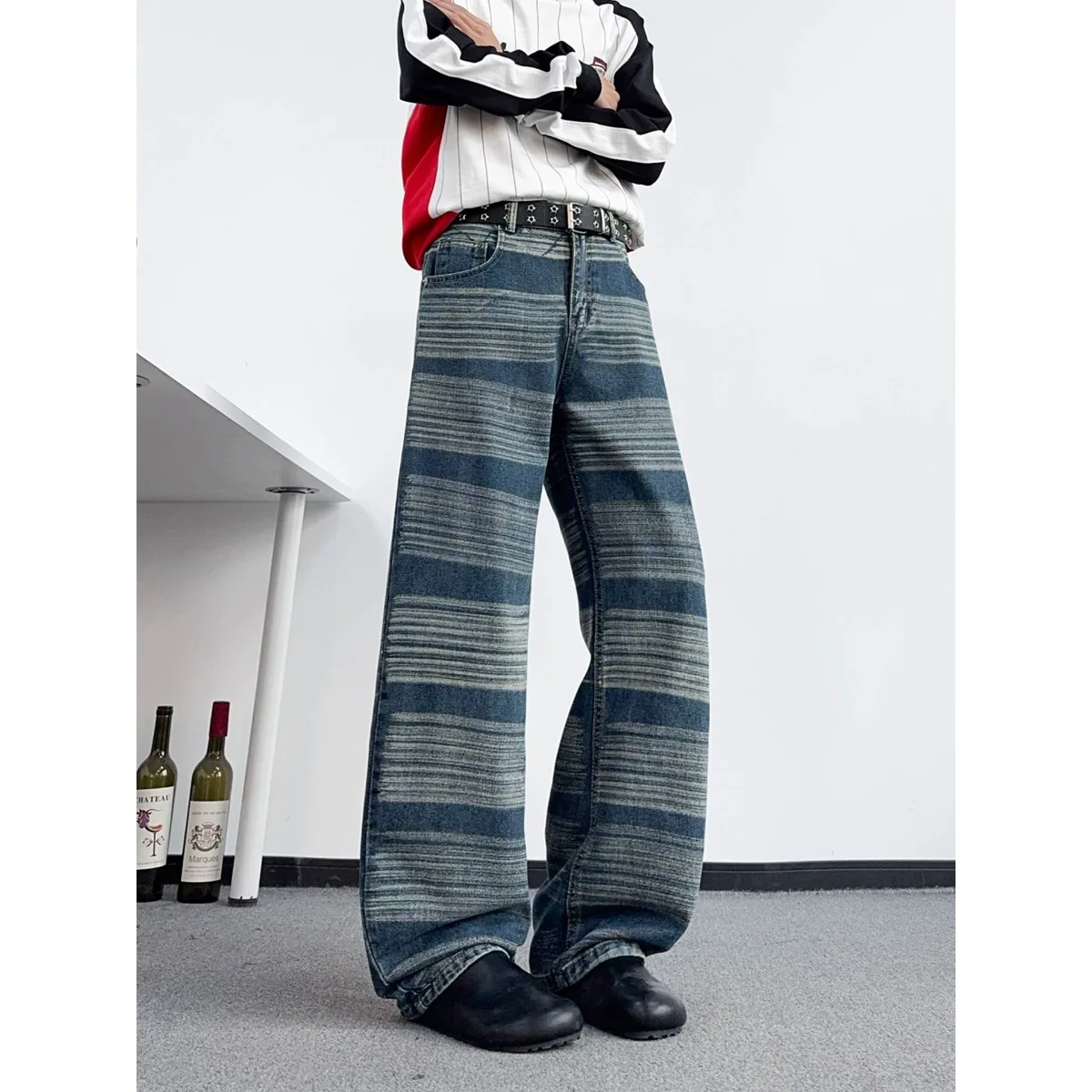 Washed American Color Block Stripe Men's Jeans CleanFit Straight Leg Micro Flare Pants Casual Versatile mid Waist Denim Jeans