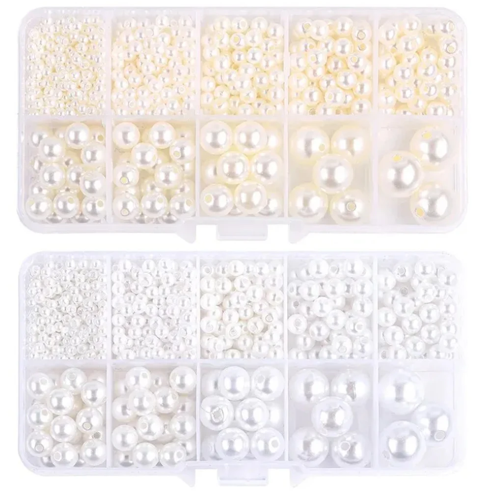 800pcs Faux Pearl Beads ABS Loose Round Beads Jewelry Craft Making White Beige DIY Clothing Beads Supplies Sewing Accessories