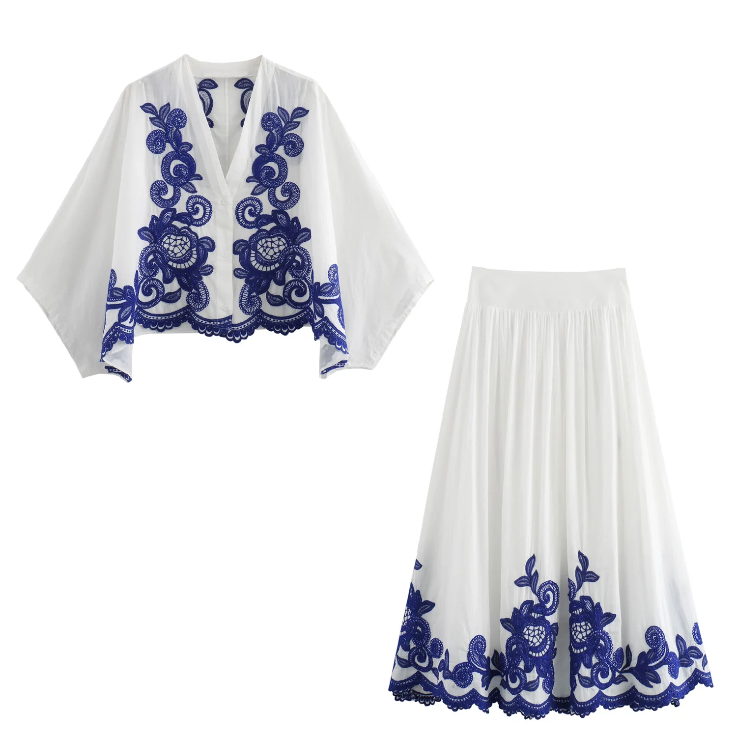 2024 New Retro Chinese Style Contrast Embroidered Shirt Half Skirt Women\'s Vacation Beach Skirt Leisure Shirt Set of Two