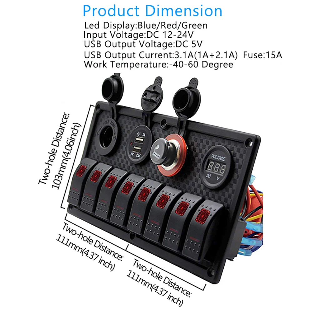 12V 24V 8 Gang Rocker Switch Panel With Dual USB Charging Circuit Breaker Voltage Overload Protection For Car Boat Truck Marine