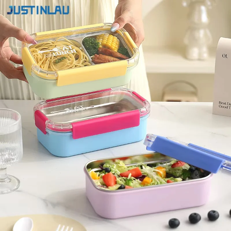 JUSTINLAU Tragbare Lunchbox aus Edelstahl, Bento-Box, mikrowellengeeignet, für Studenten, Büroangestellte, Lebensmittelbehälter mit Besteck