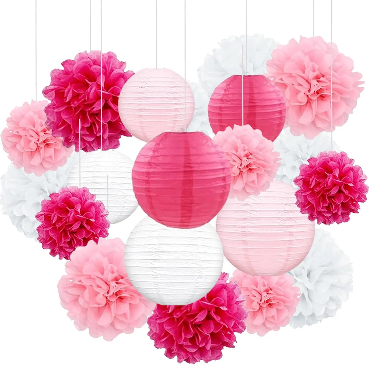 

18pcs Pink Paper Lanterns & Pom Poms Party Decorations for Weddings Birthdays