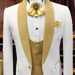 Vestido de noche de boda para hombre, traje de 3 piezas, chaqueta, chaleco y pantalones dorados, chal, solapa, blanco y dorado