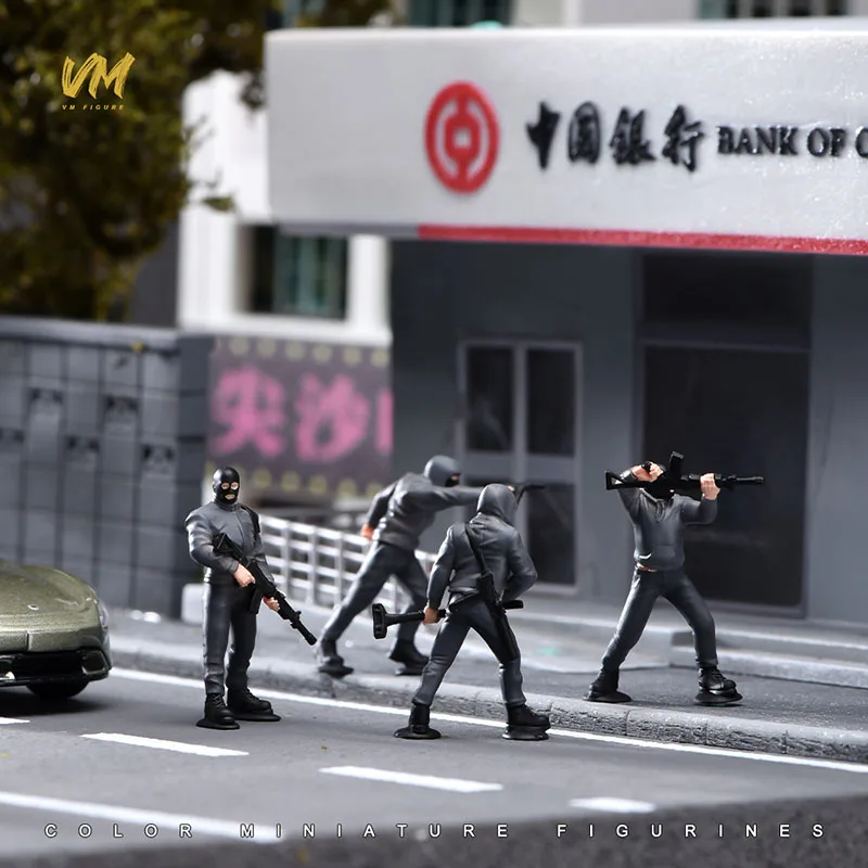 Mini 1/18 1/24 1/43 1/64 Bank Robber Masked Gunmen Gangster Figure Miniatures Street Crime Statues Scene Model  for Vehicle Cars