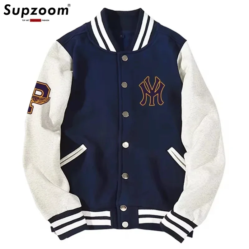 

Super Zoom new arrival letter rib sleeve cotton top fashion logo single breasted casual print baseball jacket loose cardigan coa