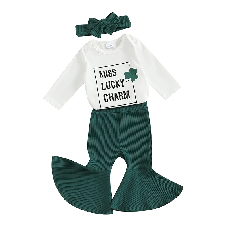 Baby Girl Boy St. Patricks Day Outfit Shamrock Print Long Sleeves Romper Elastic Flared Pants Headband Set Cute Baby Clothes