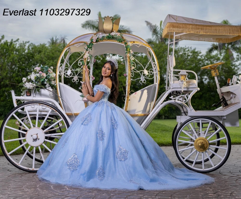 EVLAST Customized Glitter Blue Quinceanera Dress Ball Gown Lace Applique Beaded Cystal Corset Sweet 16 Vestido De 15 Anos QD1200