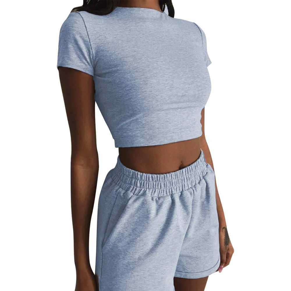 Women's Fashion Spice Crop Tops American Short-sleeved High Elastic Waist Shorts Loose Half Turtleneck Summer Splicing Slim Set