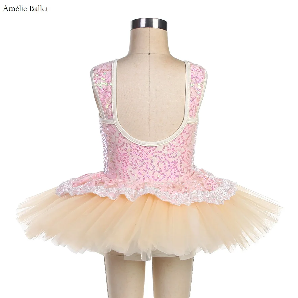23025 corpete de elastano de lantejoulas rosa com saia tutu de tule marfim, fantasia de balé infantil para meninas, performance de palco, roupa de dança