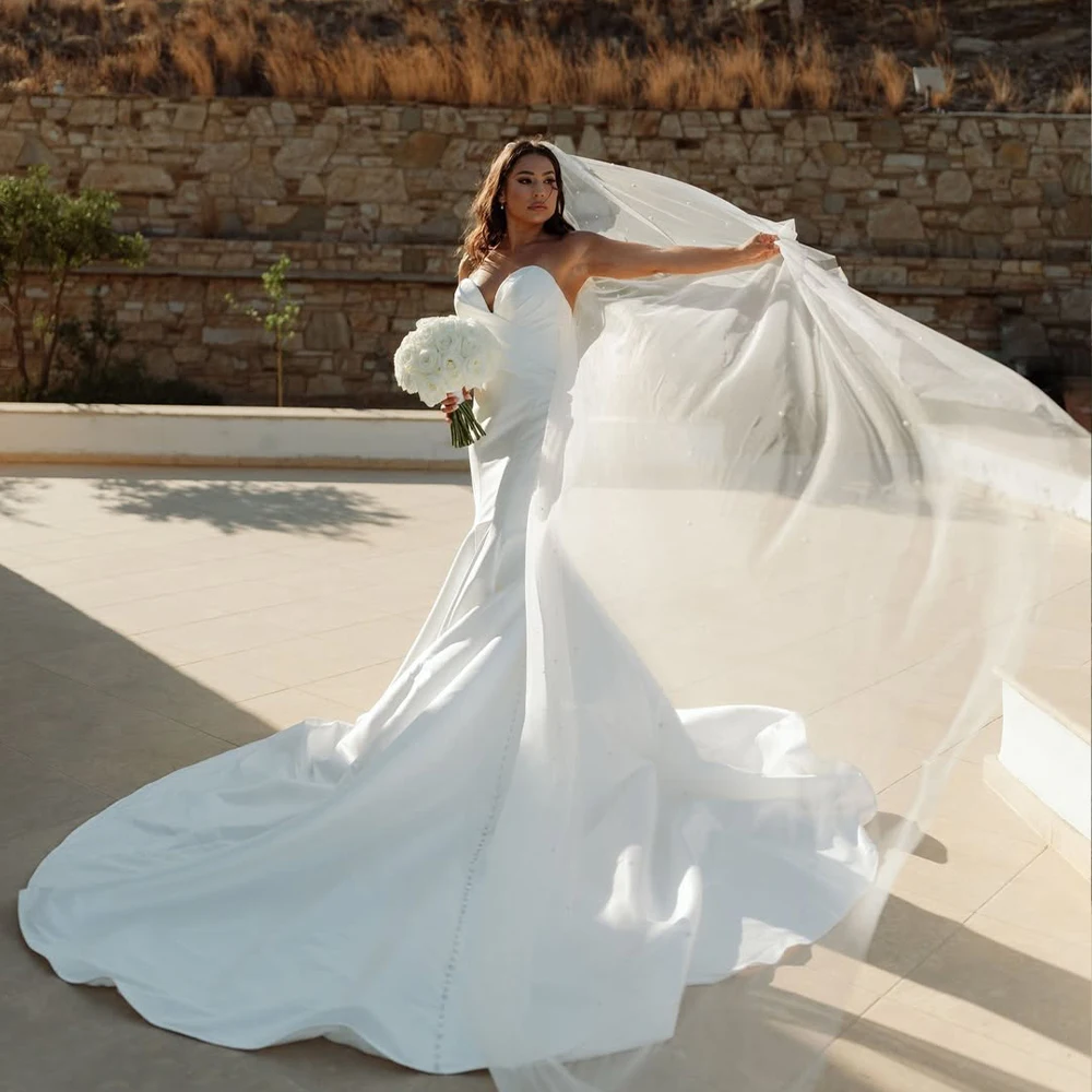 

Stain Wedding Dresses Sweetheart Sleeveless Mermaid Sweep Train White Bride Dress Beach Bridal Gown vestido de noiva Customized