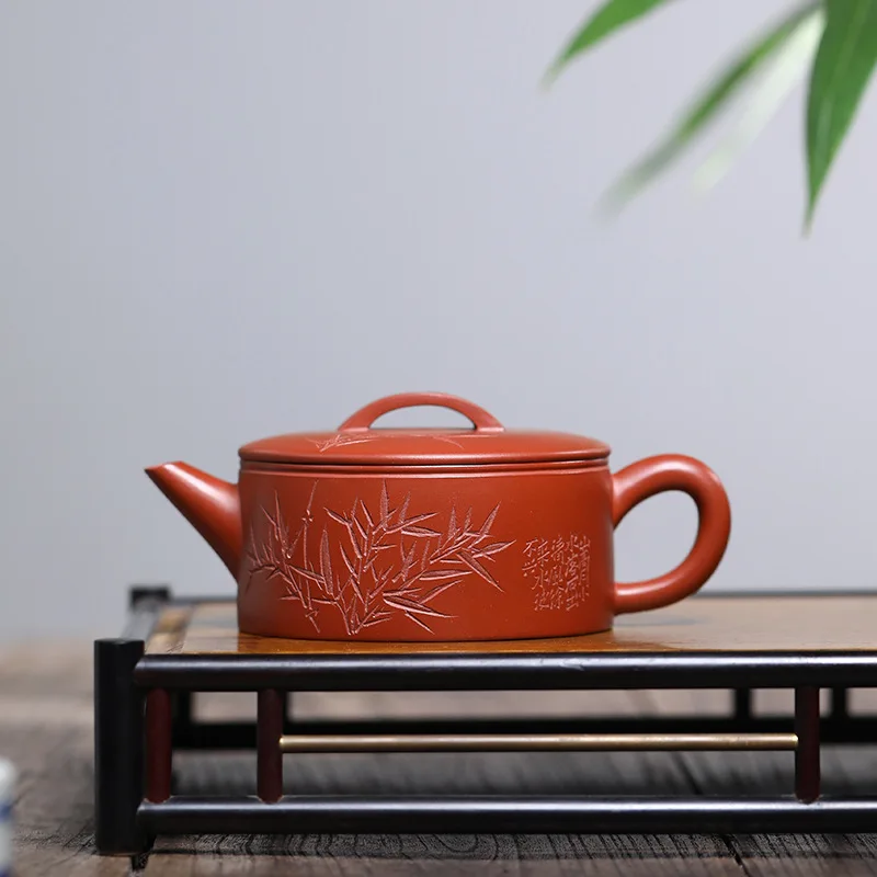 Yixing Purple Clay Pot National Assistant Worker Fan Qinjun Handmade Tea Pot, Pure Handmade Bamboo Leaf Carving Tea Set, Bamboo