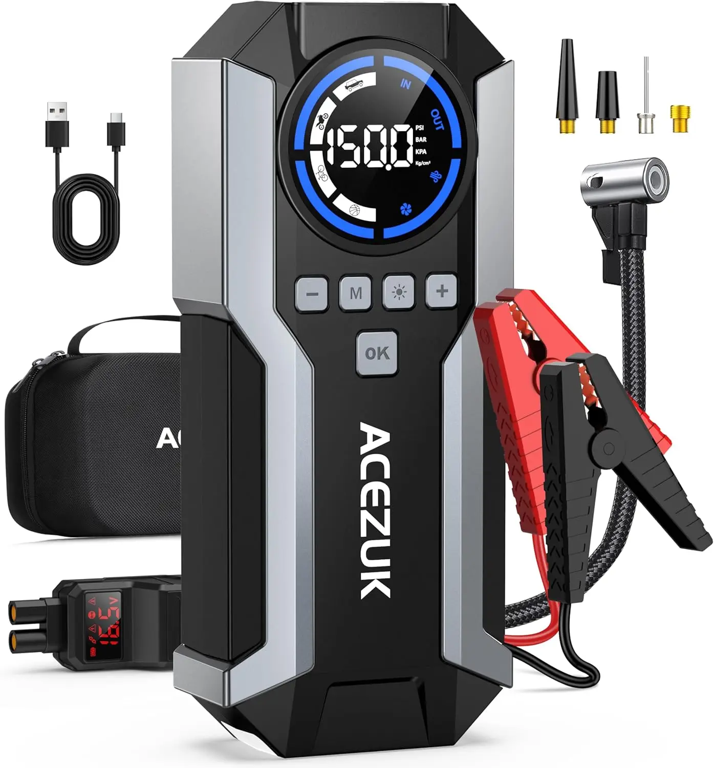 

8000A Car Jump Starter with Air Compressor, 150PSI Tire Inflator, Portable Power Bank for Emergency Use