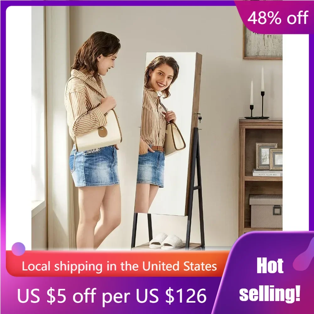 

Lockable Jewelry Armoire With Full-Length Mirror Mirror Jewelry Cabinet Standing Drawer and Shelf Cabinets freight free