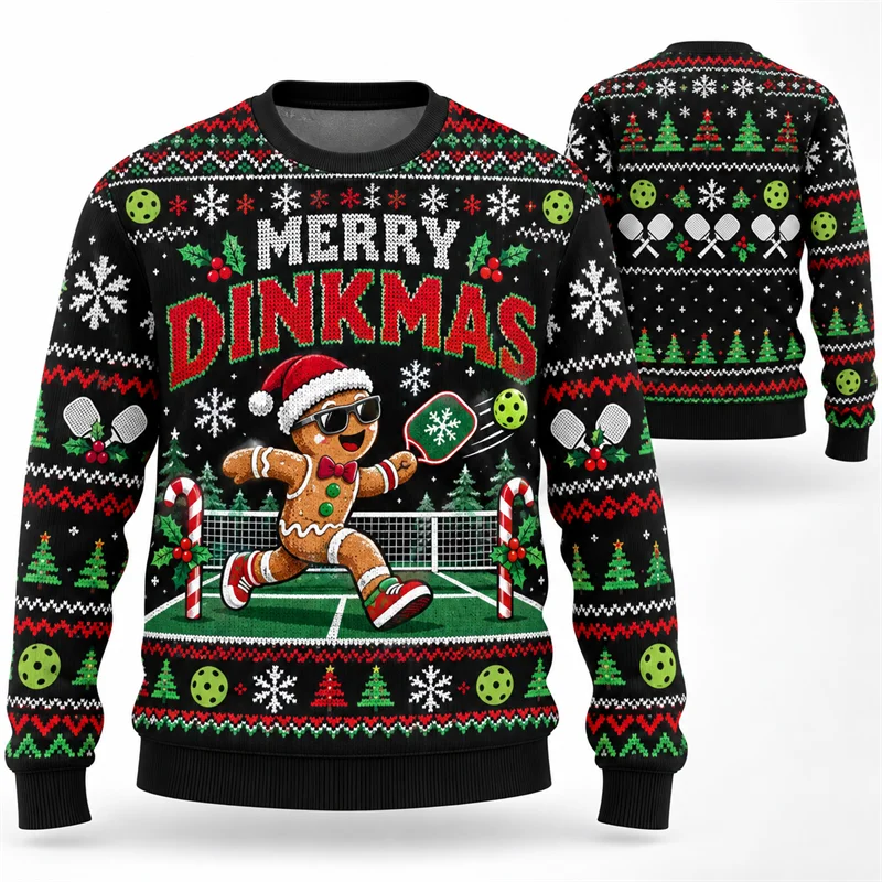 Christmas Pickleball Sweatshirt Men Santa Reindeer Snowman Gingerbread Ugly Xmas Crewneck Pullover Holiday Sports Party Gift Top