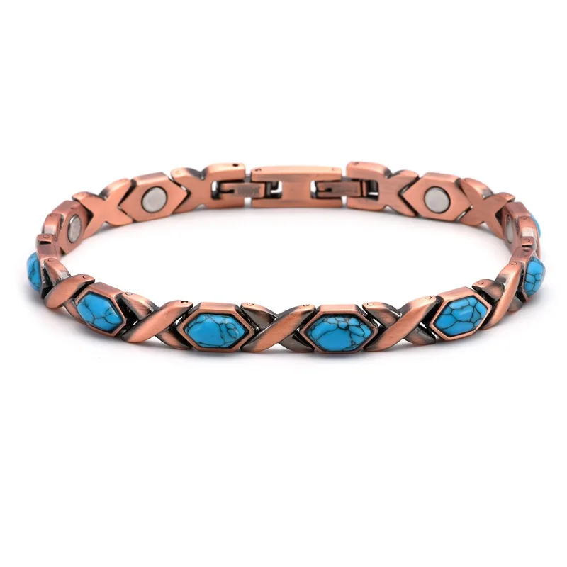 

European Hot-sale Rose Gold Blue Turquoise Heart Tennis Bracelets Unisex Hexagon Magnetic Buckle Cuff Bangle Men Fashion Jewelry