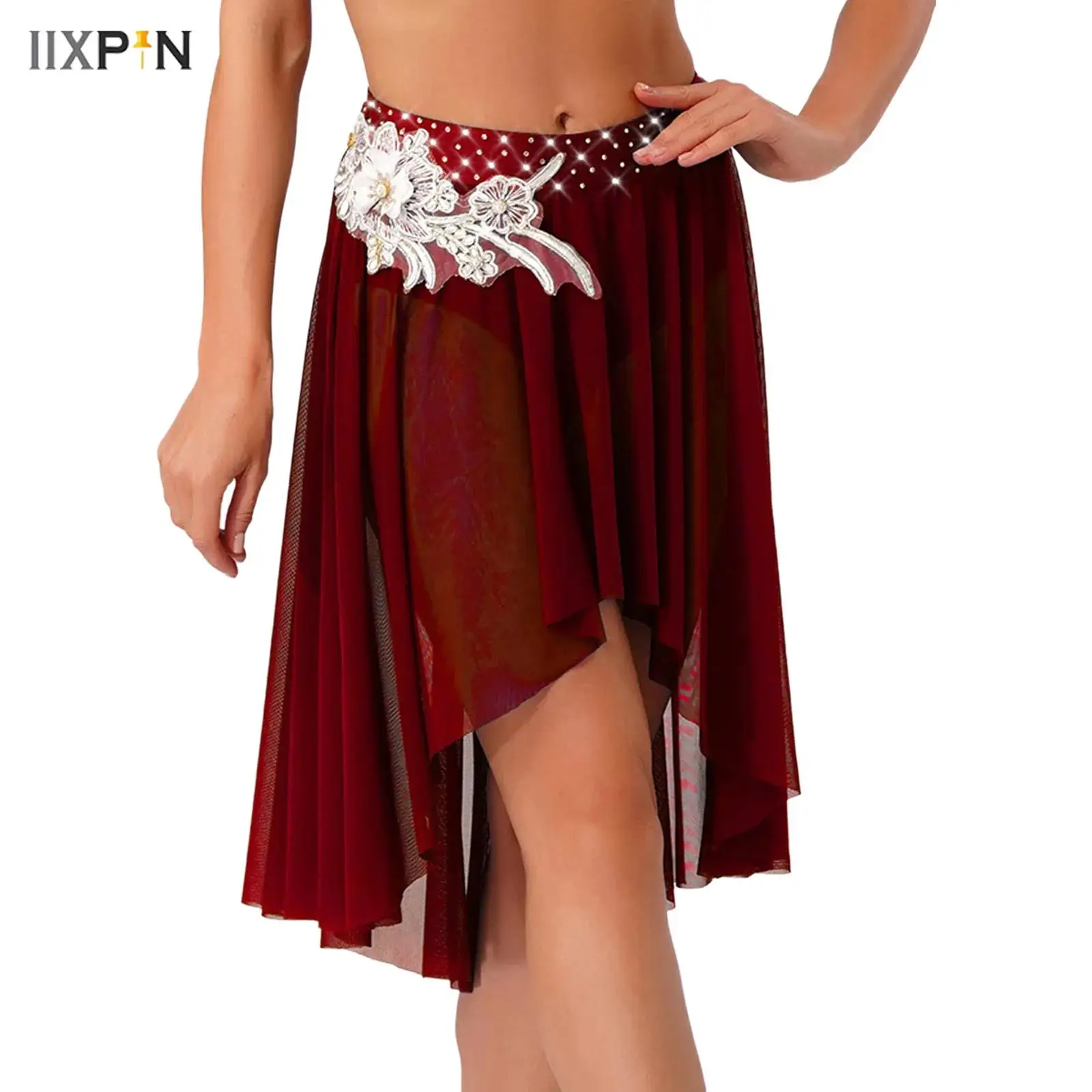 

Women Lyrical Dance Skirt Exquisite Embroidery Applique Sheer Mesh Hem One Piece Brief Skirt for Classical Dance Waltz Dancewear