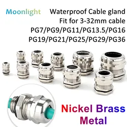 Waterproof Cable Gland Connector IP68 Nickel Plated Brass Metric Cable PG7 PG9 PG11 PG13.5 PG16 PG19 PG21 Fit 3-32mm For Cable