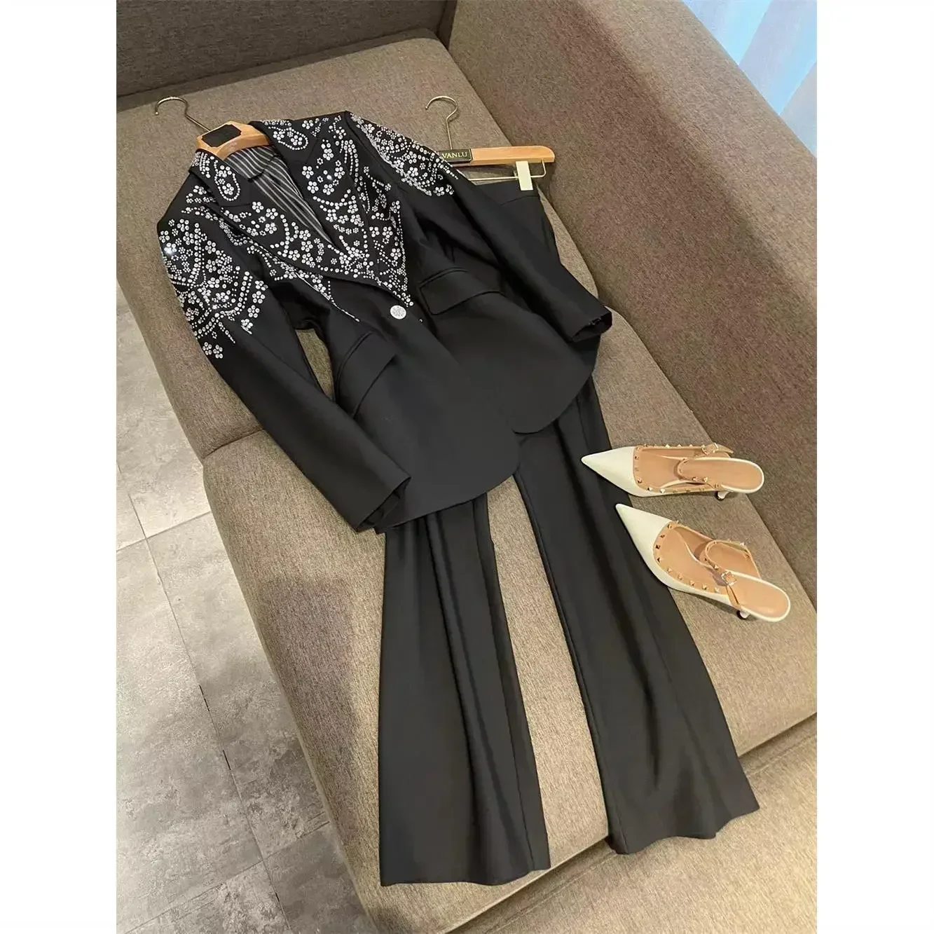 Luxury Rhinestone Beaded Turn Down Collar Blazers Coat OL Slim Waist Diamonds Suit Cardigan Beaded Tops+Wide Legs Pants 2pcs Set