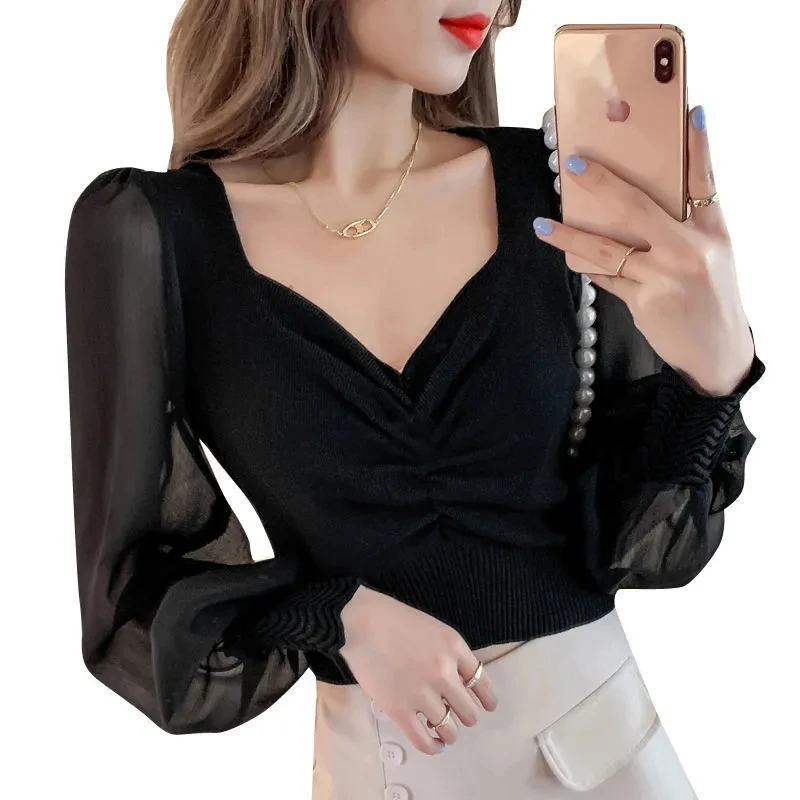 Elegant Blouse Women French Style Chic 2024 Spring New Long Puff Sleeve Square Collar Lace Up Sexy Shirts Fashion Blusas