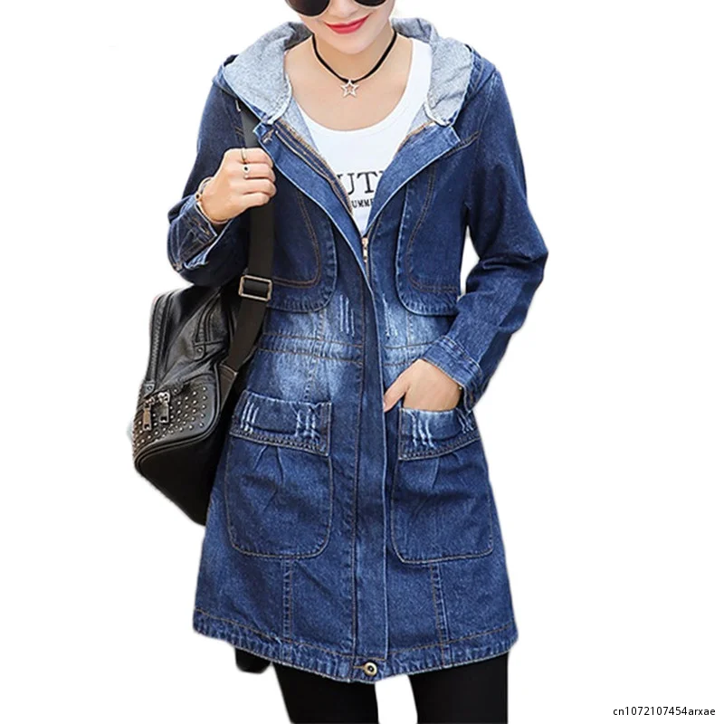 

Spring Autumn Hooded Denim Jacket Women Korean Loose Long Jeans Jackets Women's Zipper Windbreaker Outwear Female Basic Coat