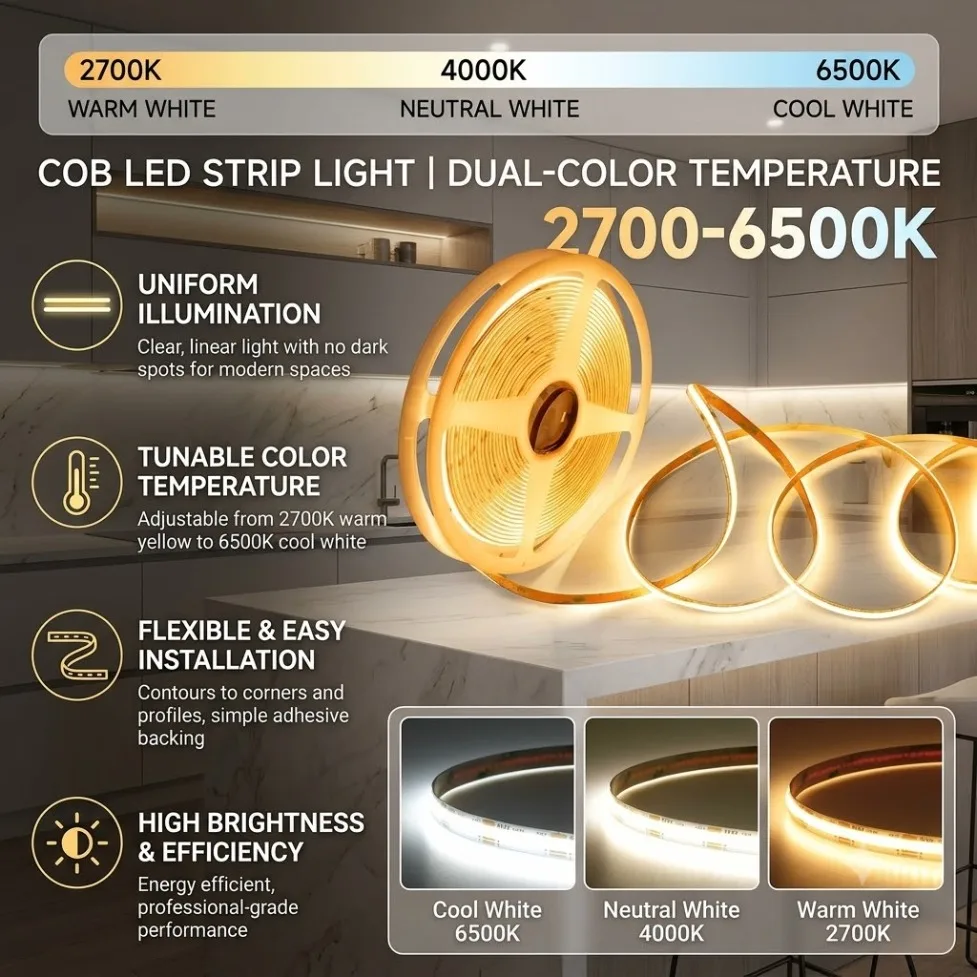 DC24V CCT Dimmable COB LED Strip 8mm/10mm RA98 2700K-6500K Tunable Double Color Linear Lighting High CRI Flexible Tape Light