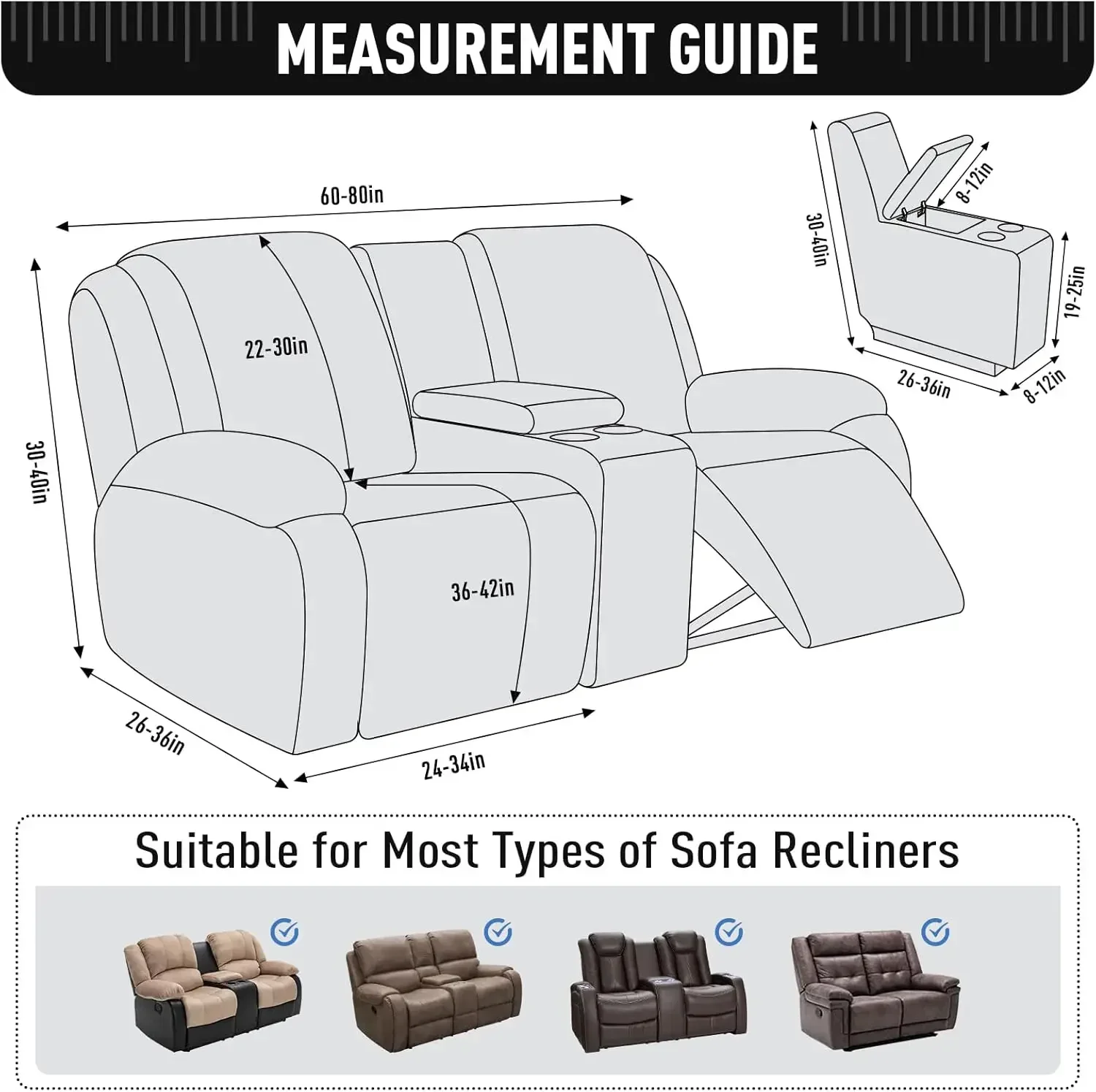 Recliner Loveseat Cover with Middle Console Sofa Slipcover, Stretch Reclining Sofa Covers for 2 Seat Reclining Couch, Ja