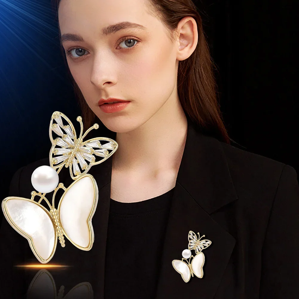 Women's Jewelry Shell Butterfly Brooch Crystal Zircon Inlaid Wedding Banquet Gift Female Clothing Accessories Lapel Pins
