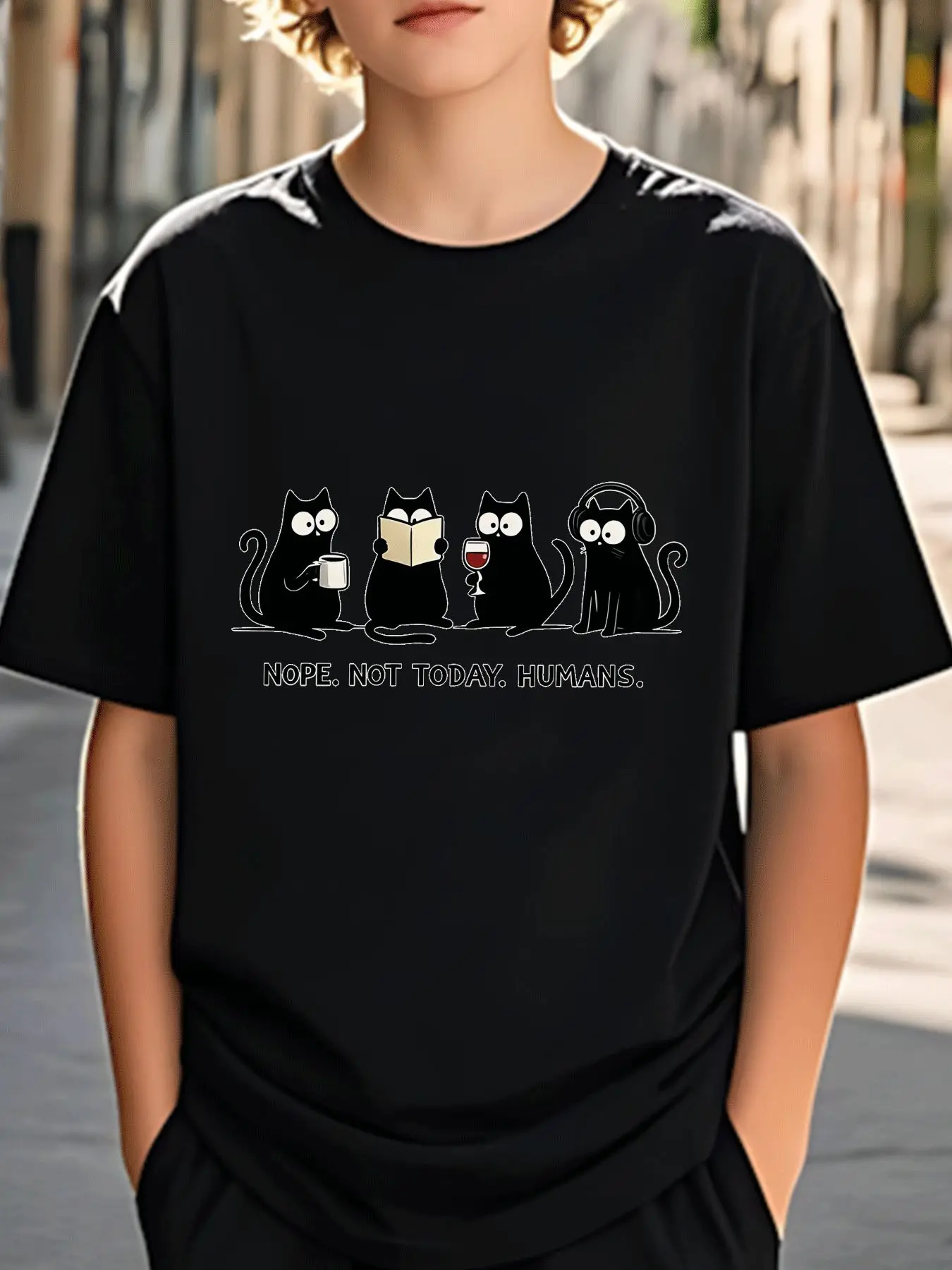 Four Lazy Black Cats Slogan Family Matching Cotton T Shirts Short Sleeve Summer Tees For Mom Dad Boys Girls Daily Tops